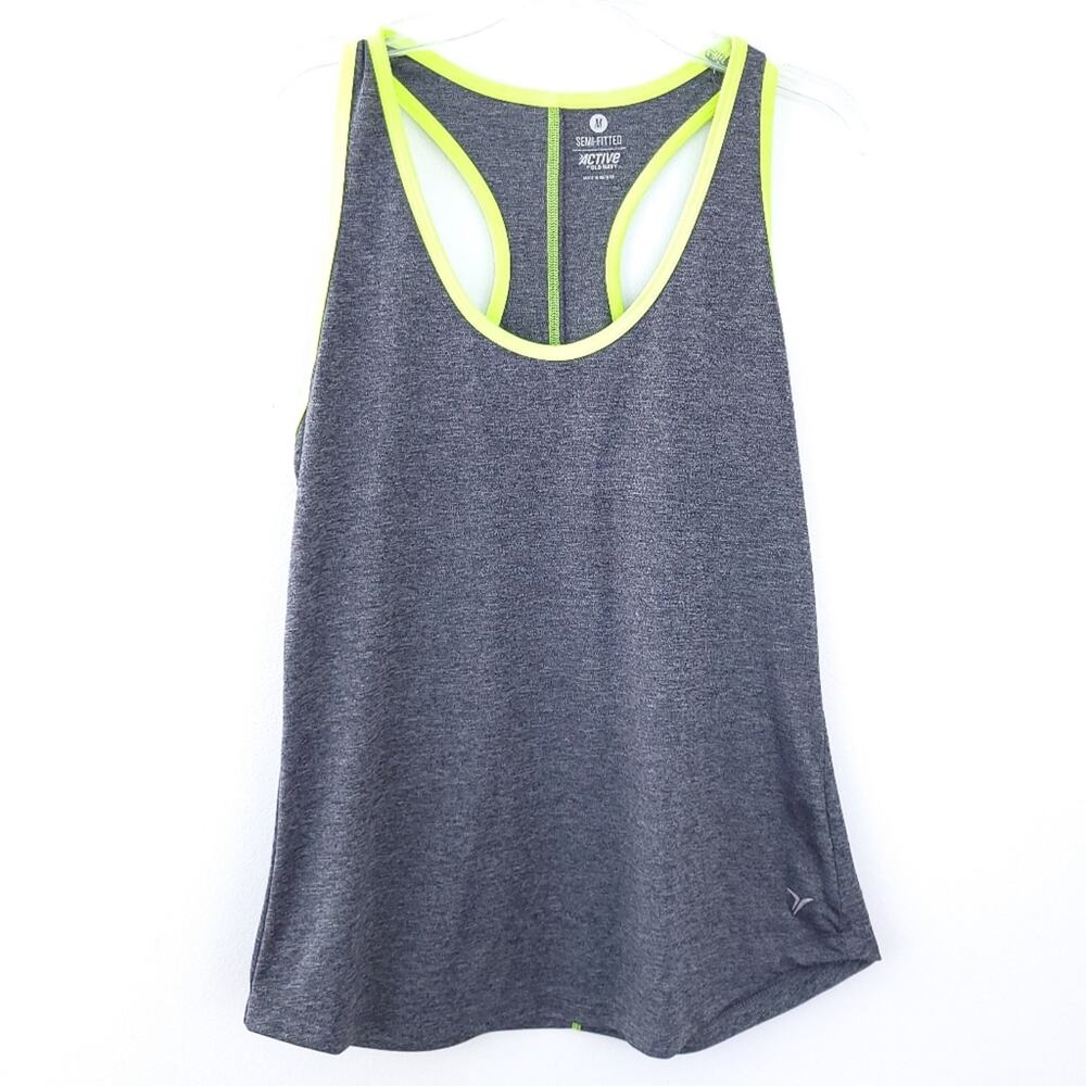 Old Navy Active Semi-Fitted Tank Top Medium Gray Neon Trim, Stretchy, Neutral